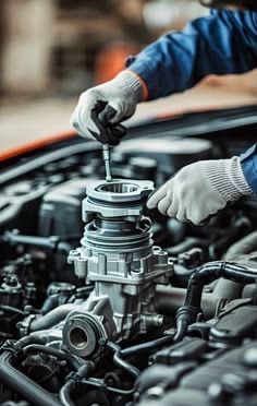 A mechanic in gloves fitting a new part to an engine
